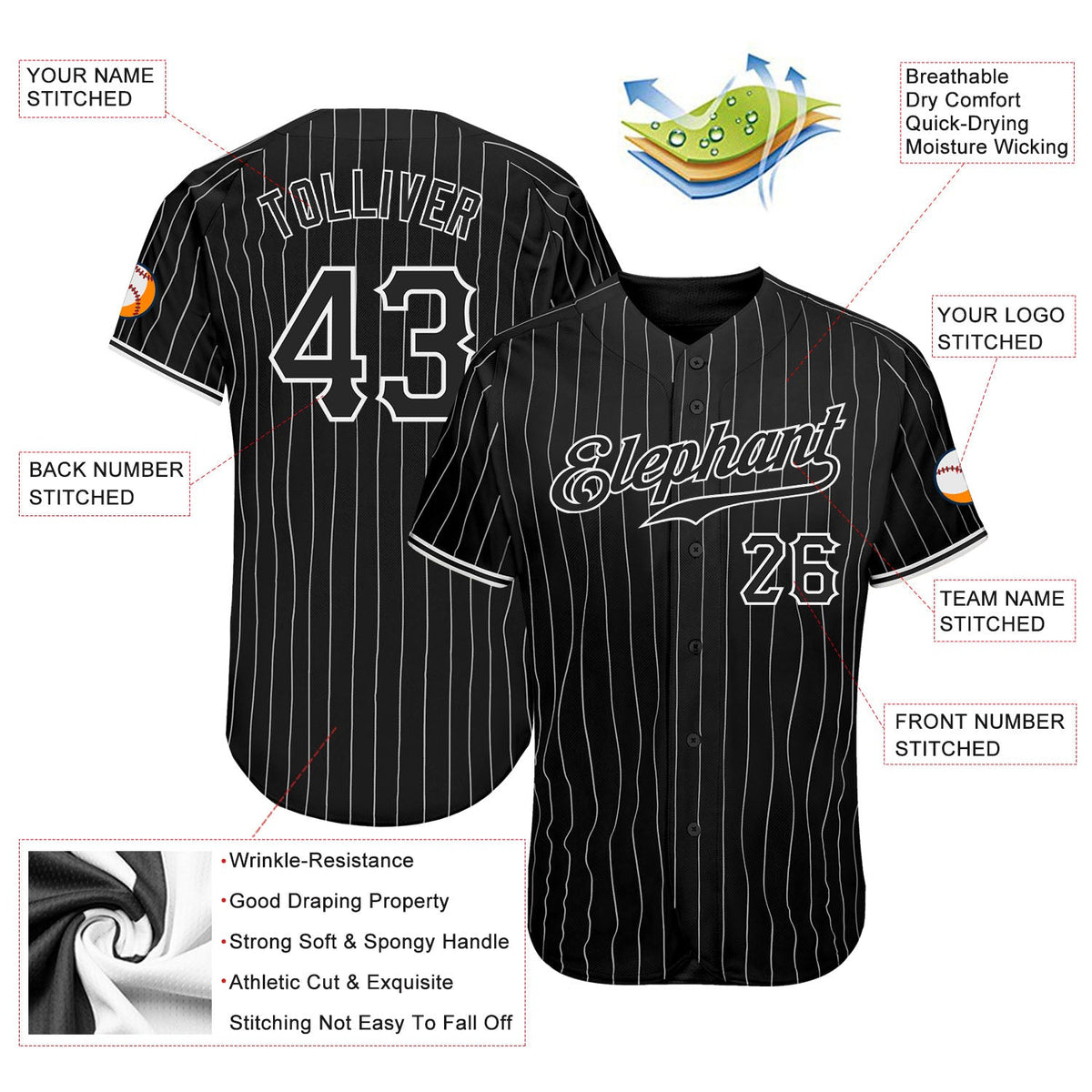 Custom Black White Pinstripe Black-White Baseball Jersey